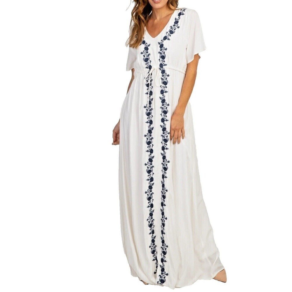 Polagram Ivory embroidered chinched floral short sleeve tie maxi‎ dress size S